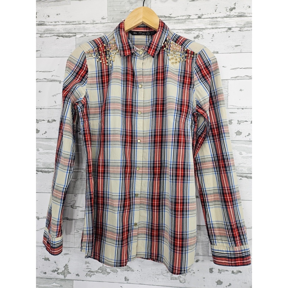 Zara Trafaluc Plaid Studded Shoulder Button Down Shirt Red Blue Beige Women M